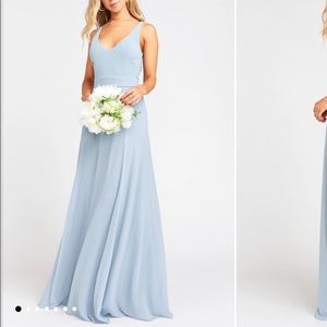 Show Me Your Mumu Jenn Maxi Bridesmaids Dress in Steel Blue Chiffon